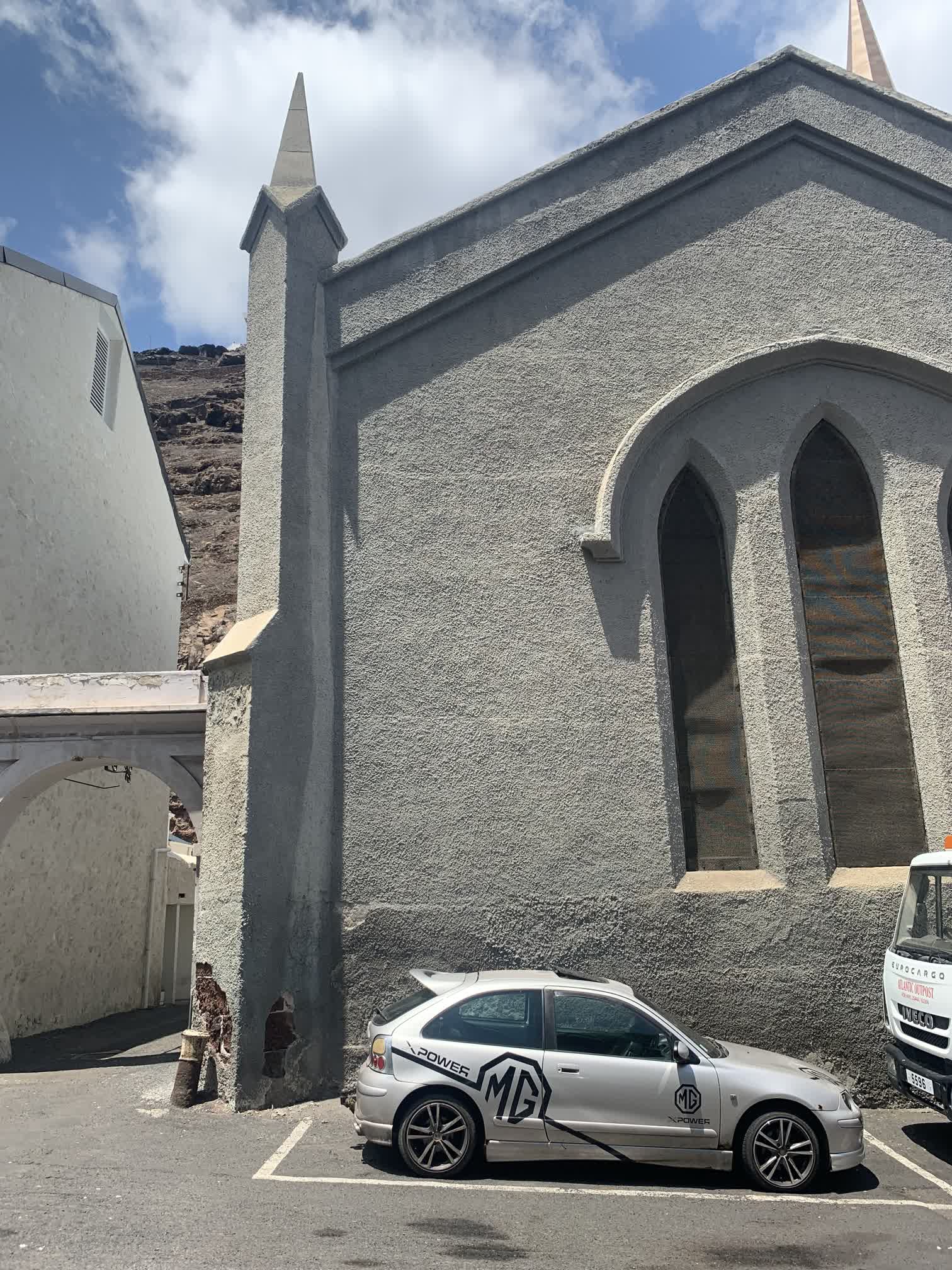 St. James Church -- the oldest Anglican church in the Southern Hemisphere -- with a sweet little MG hatchback parked outside. (I gotta have one!) Note the old cannon used as a bollard