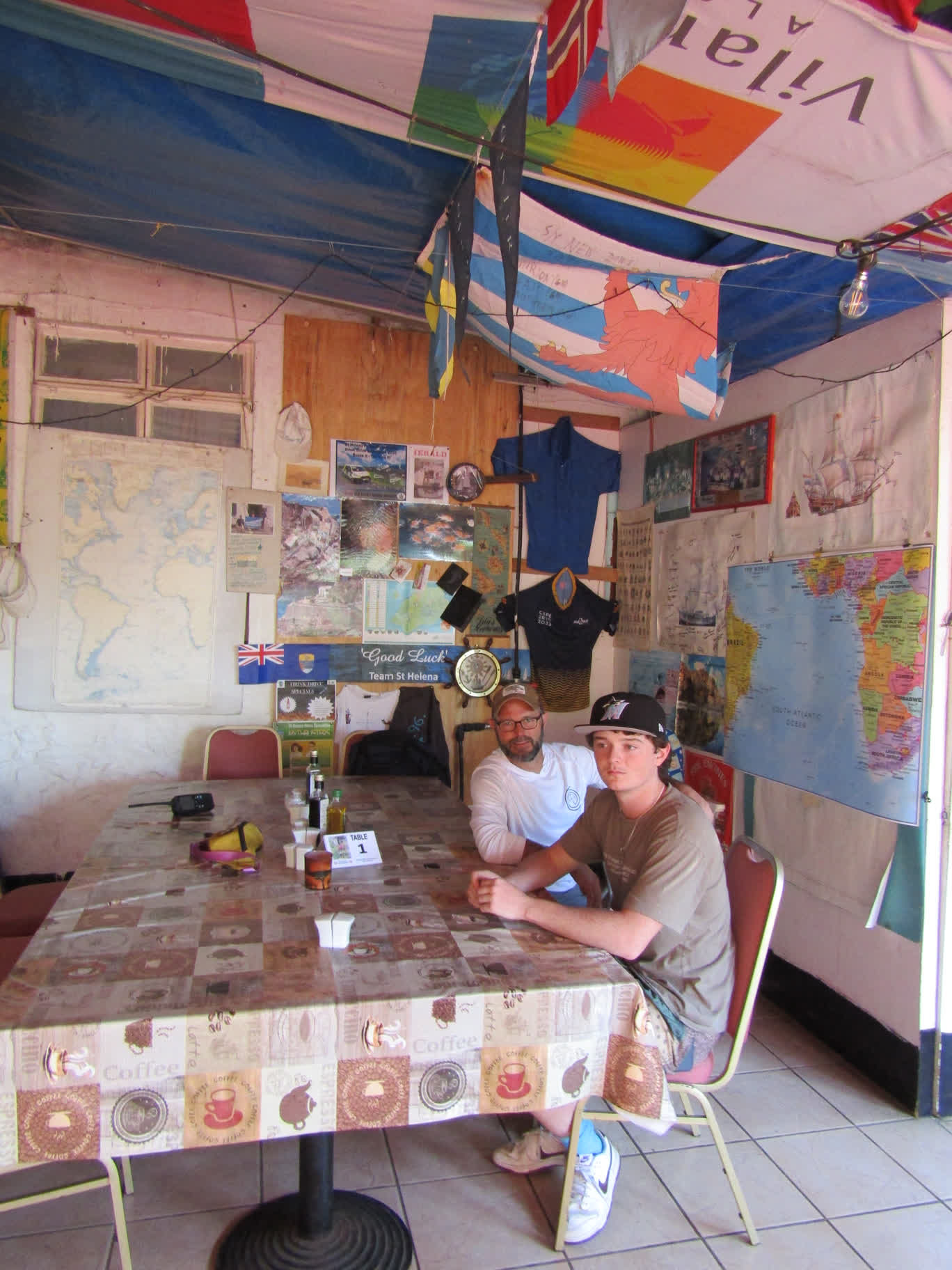 Dan and Auden at our table inside of Anne's Place