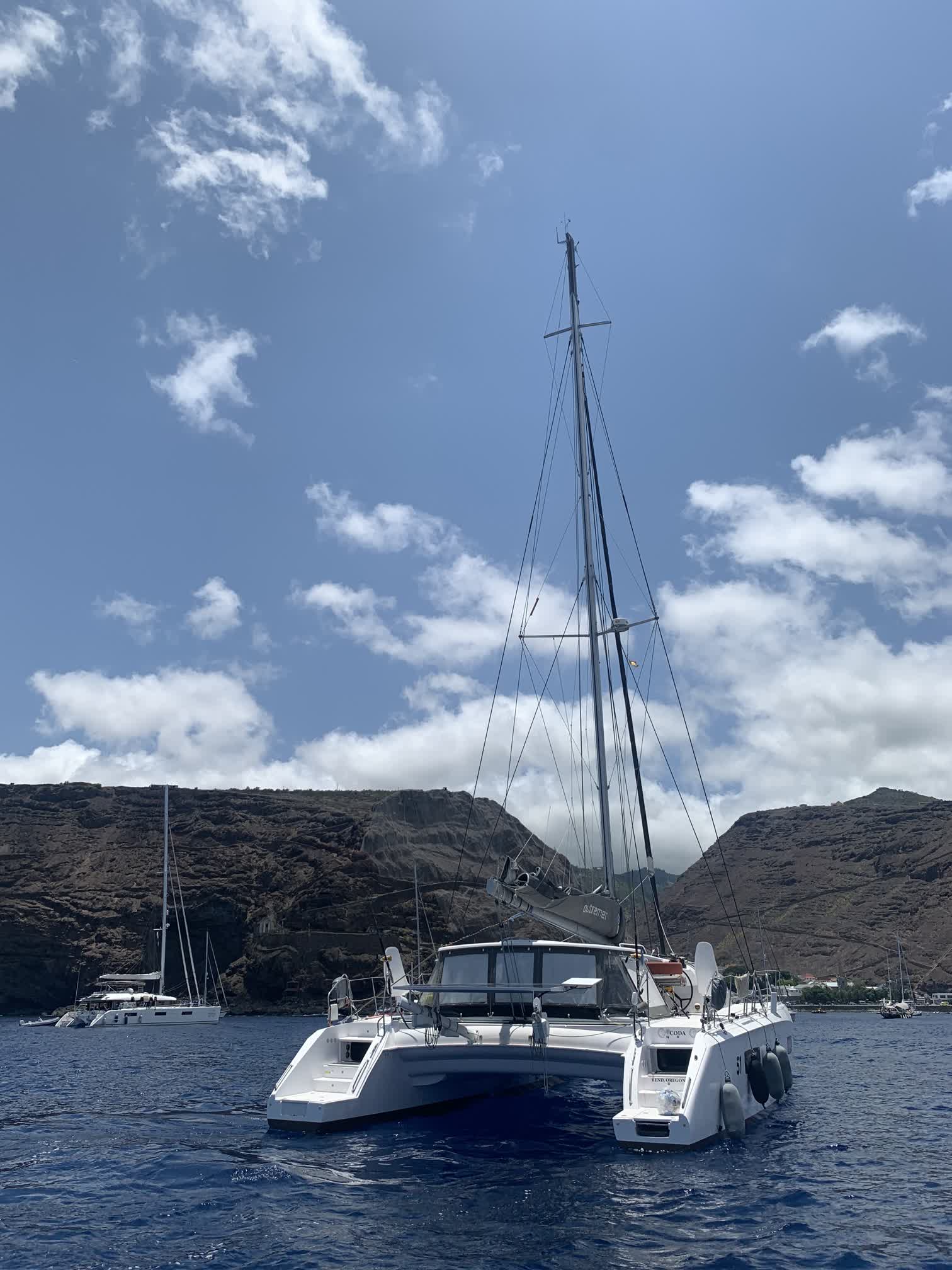 Coda at anchor in the hot afternoon sun