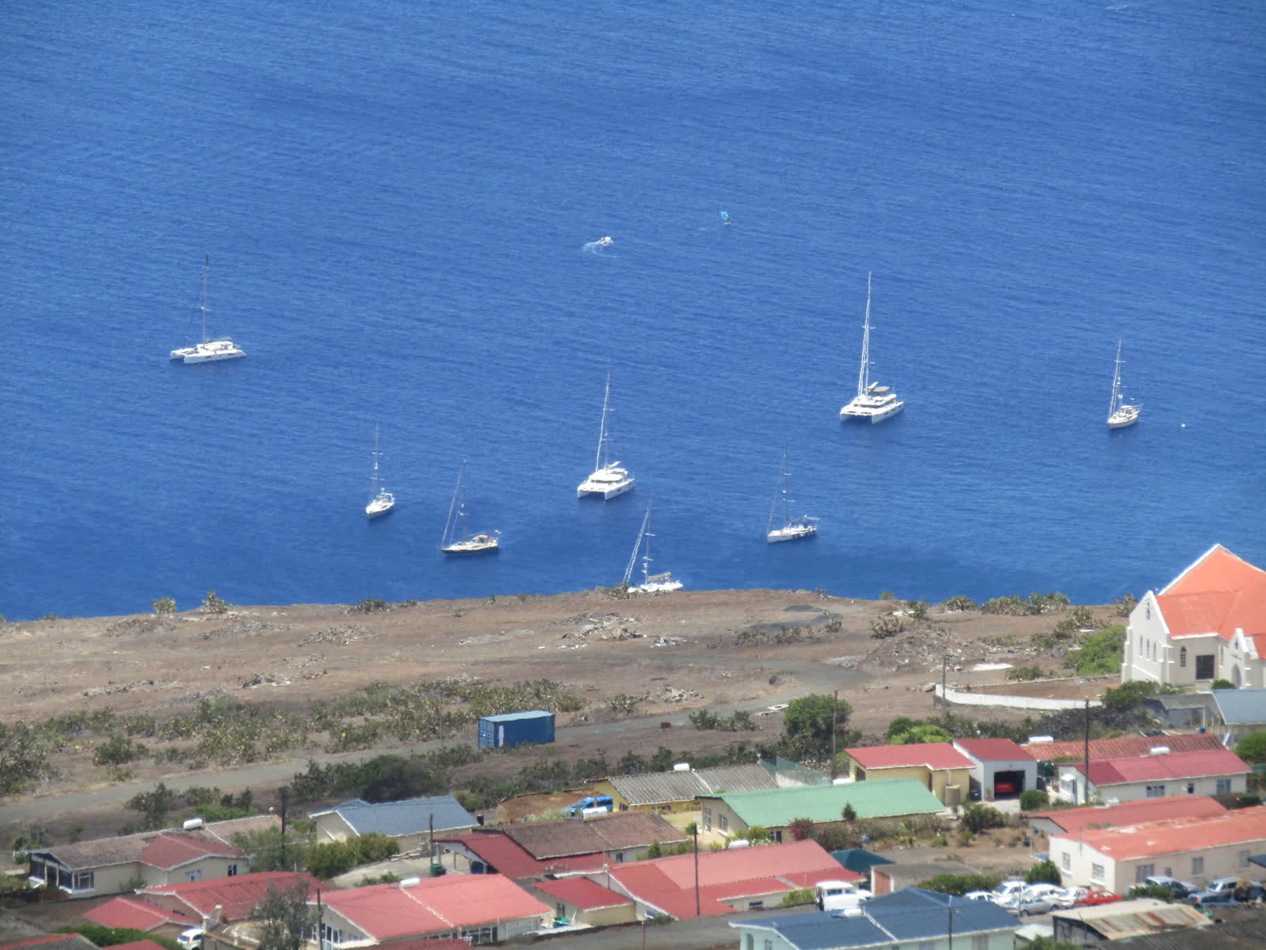 Looking down on James Bay as seen from High Knoll. <i>Coda</i> is the left-most boat in the picture