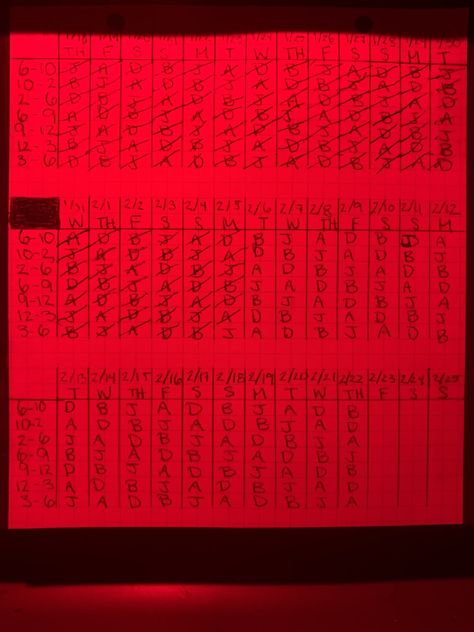 The watch schedule by the red light of the nav station. Yes, something seems off with the dates, but I'm too tired to figure it out right now. We ignore the schedule while we're ashore, so we'll pick it up again when we leave for Grenada at 5 p.m. on February 7th