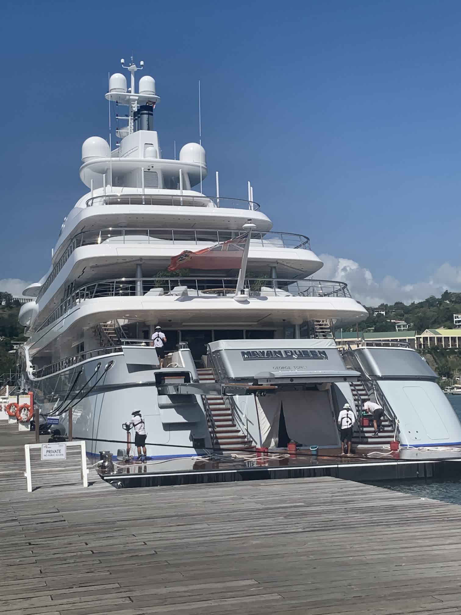 The $175M yacht <i>Mayan Queen</i> docked in front of the Customs & Immigration office